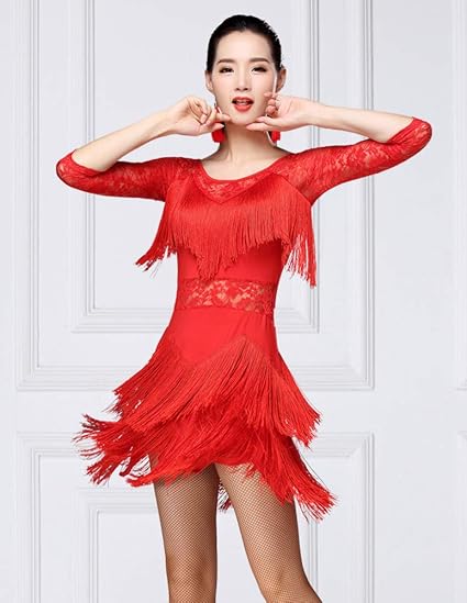 Women's Fringed Ballroom Costume Lace Round Neck 1/2 Sleeve Tango Salsa Latin Dance Dress with Shorts