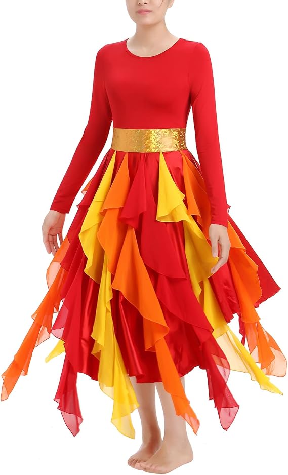 Metallic Praise Dance Dress for Women Asymmetric Ruffle Overlay Dresses Liturgical Lyrical Dancewear Worship Costume