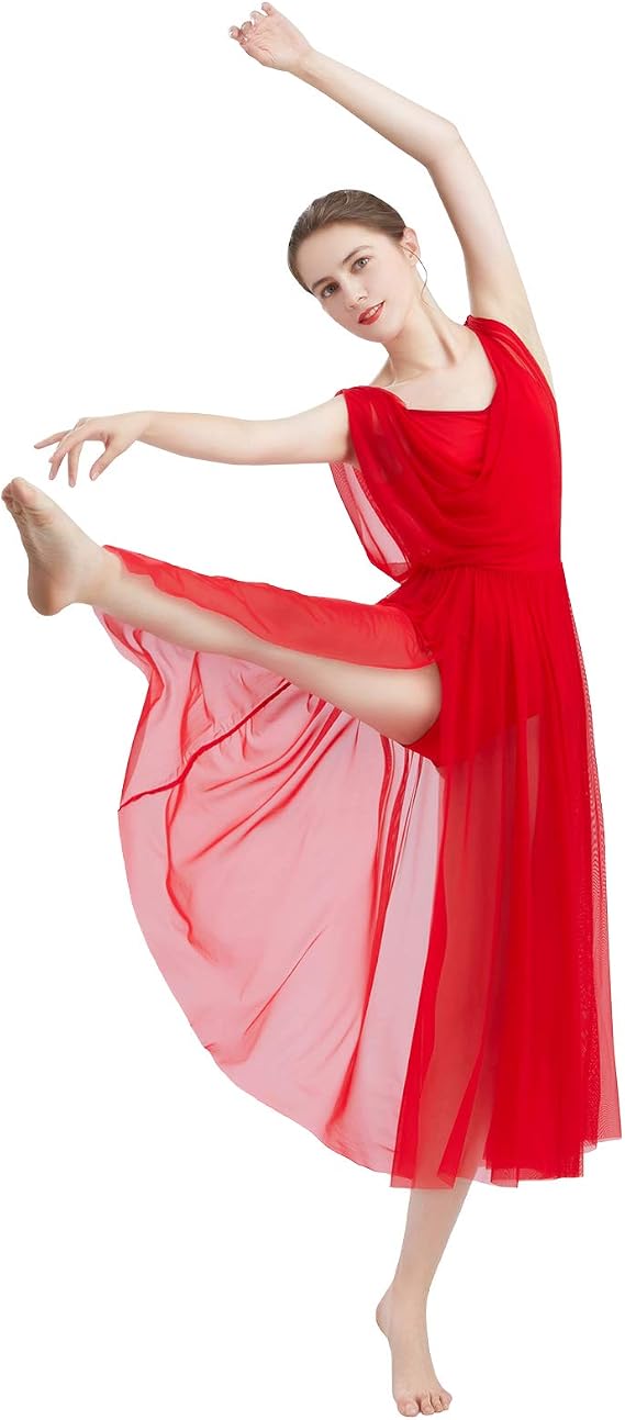 Women Lyrical Modern Contemporary Dance Costume Leotard V-Neck Backless Split Tulle Skirt Flowy Overlay Dress