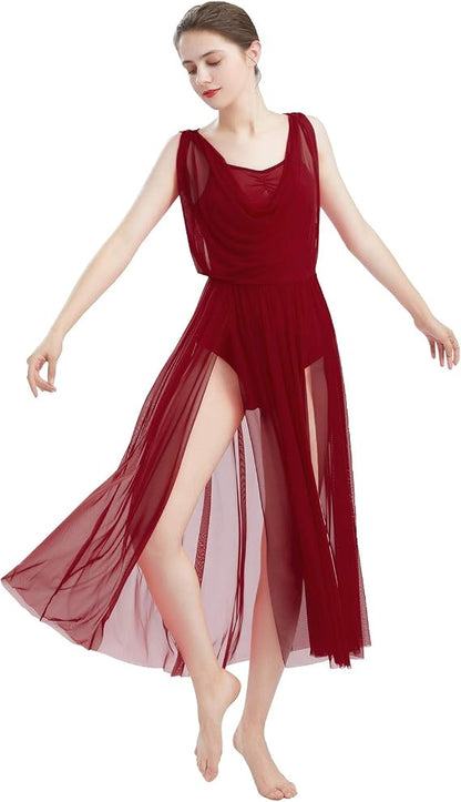 Women Lyrical Modern Contemporary Dance Costume Leotard V-Neck Backless Split Tulle Skirt Flowy Overlay Dress