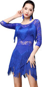 Women's Fringed Ballroom Costume Lace Round Neck 1/2 Sleeve Tango Salsa Latin Dance Dress with Shorts