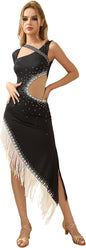 Womens Latin Dance Dress Costume Backless Salsa Rhinestones Fringe Dancewear for Competition Stage Party