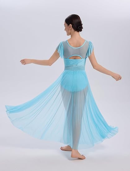 Lyrical Dance Costume for Women Mesh Ruffle Cutout Lyrical Dress Flowy Tulle Skirt Contemporary Dance Costumes XS-XL