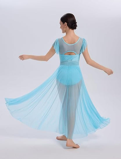 Lyrical Dance Costume for Women Mesh Ruffle Cutout Lyrical Dress Flowy Tulle Skirt Contemporary Dance Costumes XS-XL
