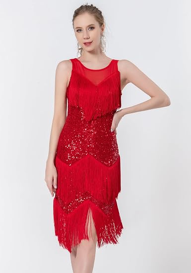 Women's Salsa Latin Dance Dress Glitter Sequin Fringe Flapper Party Ballroom Outfit