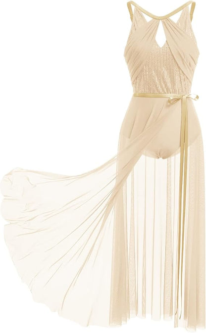Lyrical Dance Costume for Women Lace Sleeveless Leotard Sheer Flowy Long Wrap Skirt 2pcs Outfit