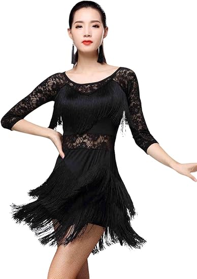 Women's Fringed Ballroom Costume Lace Round Neck 1/2 Sleeve Tango Salsa Latin Dance Dress with Shorts