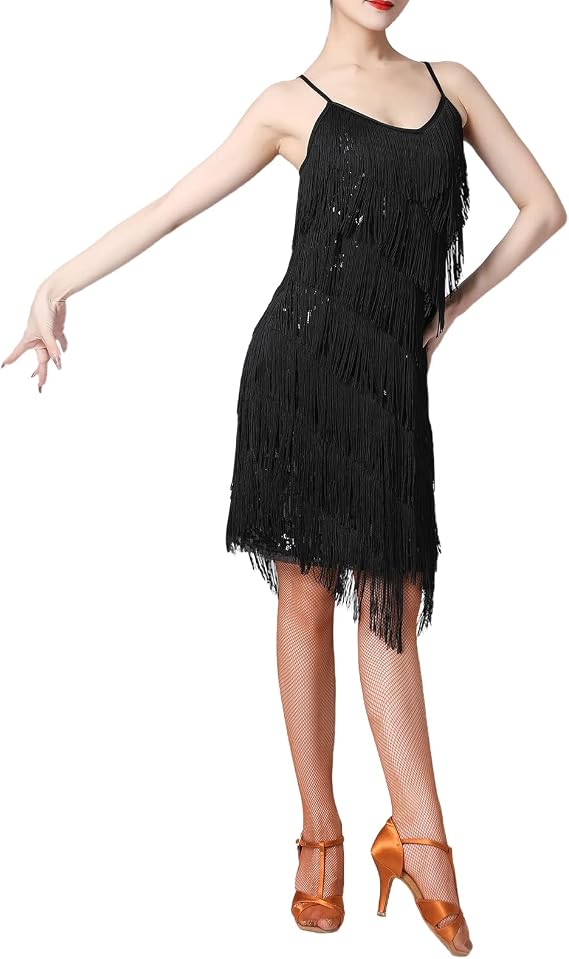 Women Sequin Tassel Dress Sleeveless Stand Collar Fringe Latin Salsa Cha Cha Jazz Dance Costume