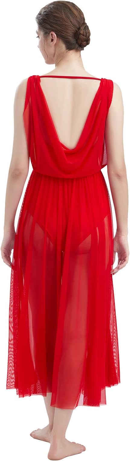 Women Lyrical Modern Contemporary Dance Costume Leotard V-Neck Backless Split Tulle Skirt Flowy Overlay Dress