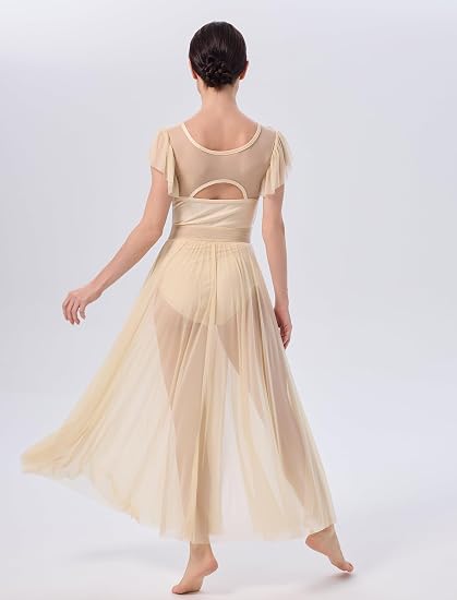 Lyrical Dance Costume for Women Mesh Ruffle Cutout Lyrical Dress Flowy Tulle Skirt Contemporary Dance Costumes XS-XL