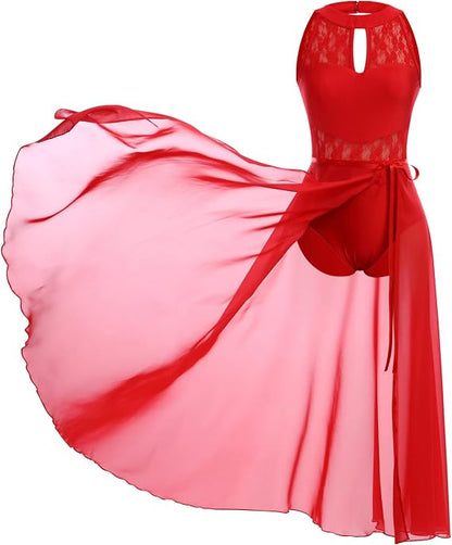Lyrical Dance Costume for Women Lace Sleeveless Leotard Sheer Flowy Long Wrap Skirt 2pcs Outfit