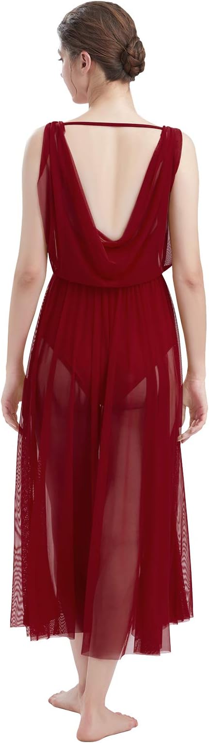 Women Lyrical Modern Contemporary Dance Costume Leotard V-Neck Backless Split Tulle Skirt Flowy Overlay Dress