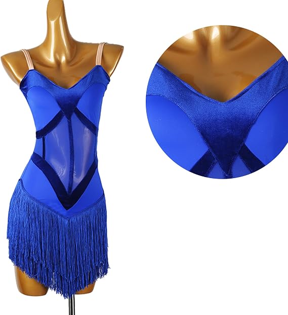 Women Blue Latin Dance Dress Competition Costume V Neck Layered Fringe Tassel Hem Sleeveless