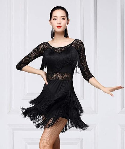 Women's Fringed Ballroom Costume Lace Round Neck 1/2 Sleeve Tango Salsa Latin Dance Dress with Shorts