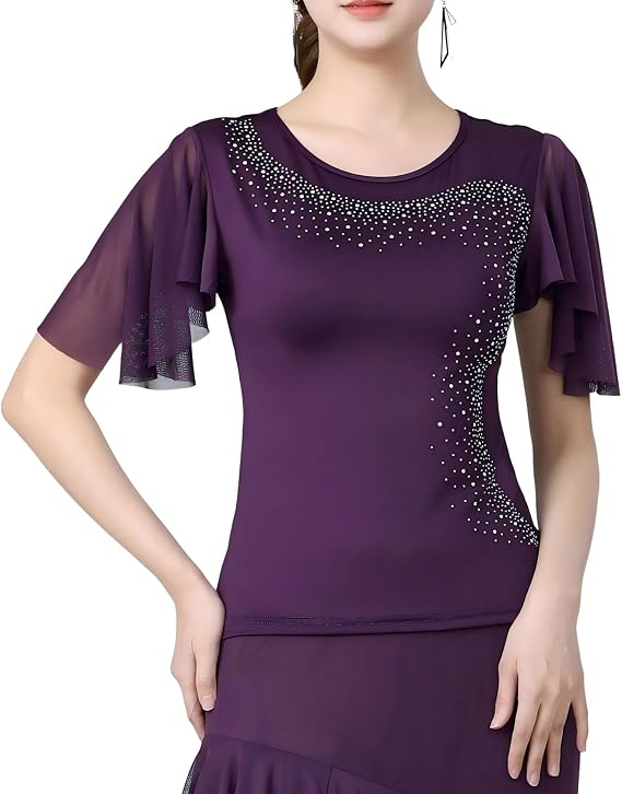 Womens Latin Dance Costume Rhinestone Flared Sleeves Stage Performance Ballroom Dancing Tops