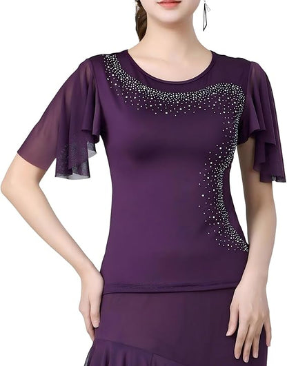 Womens Latin Dance Costume Rhinestone Flared Sleeves Stage Performance Ballroom Dancing Tops