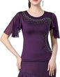 Womens Latin Dance Costume Rhinestone Flared Sleeves Stage Performance Ballroom Dancing Tops