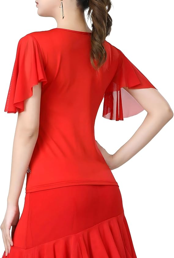 Womens Latin Dance Costume Rhinestone Flared Sleeves Stage Performance Ballroom Dancing Tops