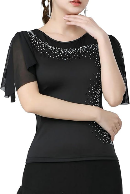 Womens Latin Dance Costume Rhinestone Flared Sleeves Stage Performance Ballroom Dancing Tops