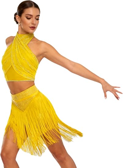 Women Tassel Chacha Samba Performance Rhinestone Dress Latin Dance Costume Fringe Salsa Dance Outfit
