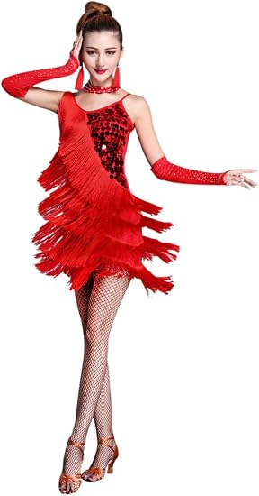 Women's Salsa Latin Dance Dress Glitter Sequin Fringe Flapper Party Ballroom Outfit