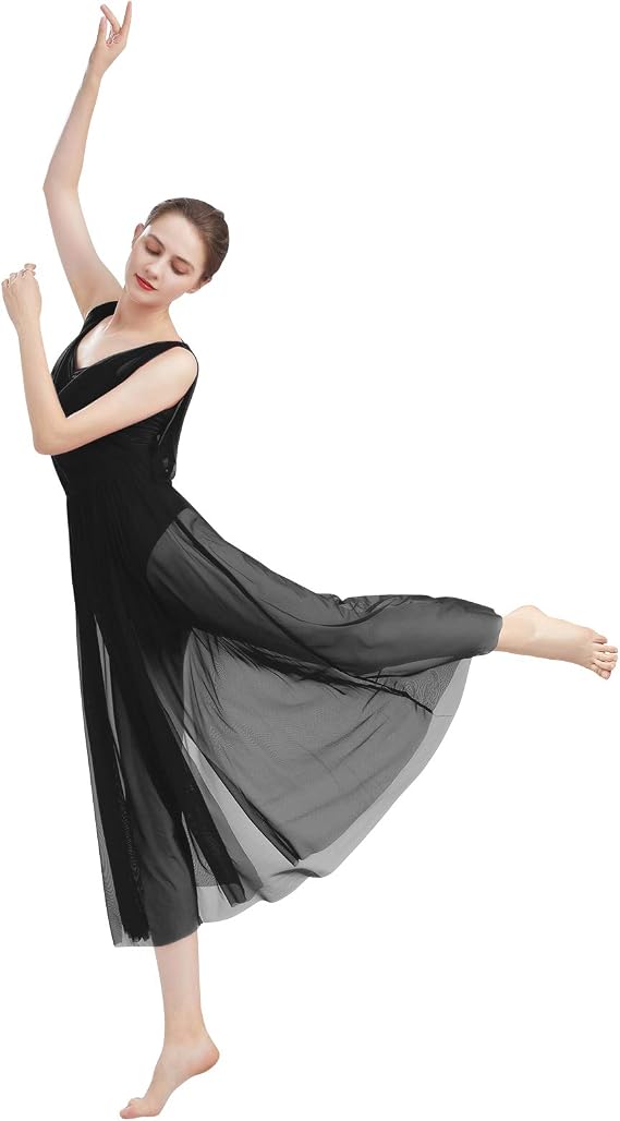 Women Lyrical Modern Contemporary Dance Costume Leotard V-Neck Backless Split Tulle Skirt Flowy Overlay Dress