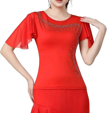 Womens Latin Dance Costume Rhinestone Flared Sleeves Stage Performance Ballroom Dancing Tops