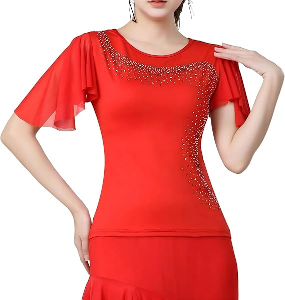 Women's Latin Dance Costume with Rhinestone Flared Sleeves, Stage Performance Ballroom Dancing Tops