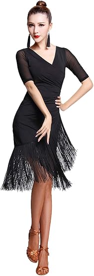 Women's Ballroom Dance Costume V Neck Pleated Long Fringed Tango Salsa Latin Dance Dress with Shorts