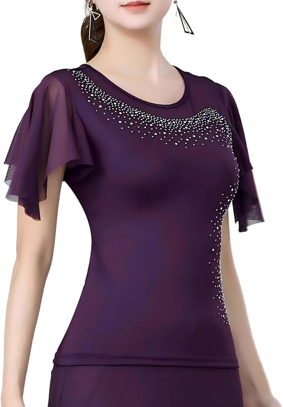 Womens Latin Dance Costume Rhinestone Flared Sleeves Stage Performance Ballroom Dancing Tops