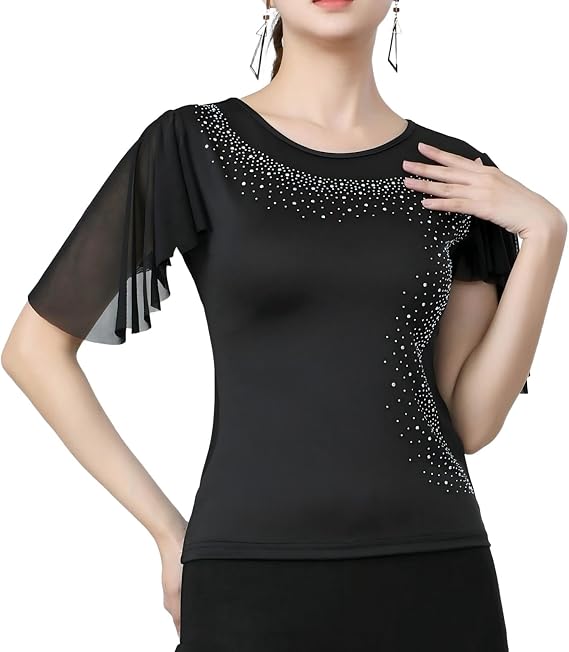 Womens Latin Dance Costume Rhinestone Flared Sleeves Stage Performance Ballroom Dancing Tops