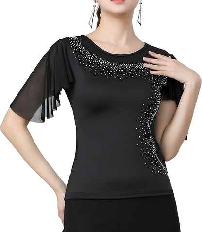 Womens Latin Dance Costume Rhinestone Flared Sleeves Stage Performance Ballroom Dancing Tops