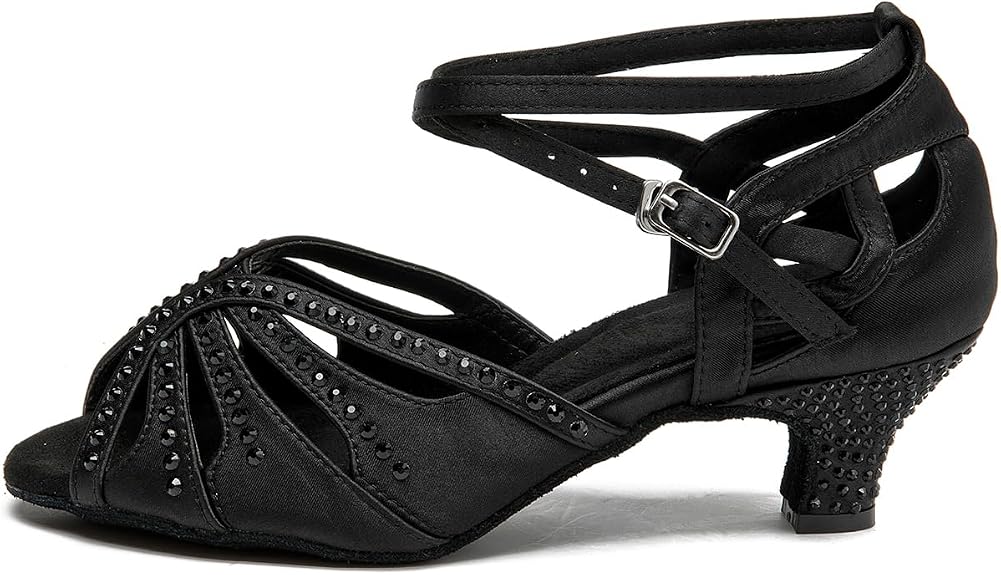 Women’s Ballroom Latin Salsa Dance Shoes, 2-Inch Low Heel, Comfortable with Rhinestones, Suede Sole, Lightweight, for Beginners, Practice, Social & Party