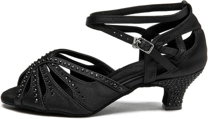 Women’s Ballroom Latin Salsa Dance Shoes, 2-Inch Low Heel, Comfortable with Rhinestones, Suede Sole, Lightweight, for Beginners, Practice, Social & Party