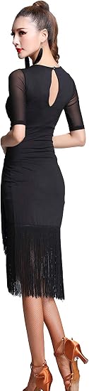 Women's Ballroom Dance Costume V Neck Pleated Long Fringed Tango Salsa Latin Dance Dress with Shorts
