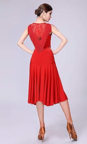 Ballroom Dance Dresses for Women Fringed Lace Back Salsa Latin Dance Dress with Shorts (5 Colors)