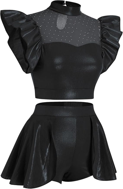Women Metallic Dance Dress Ruffle Sleeve Crop Top Mini Dance Short Half Skirt Adult Lyrical Costume