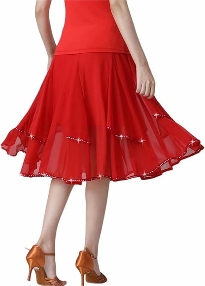 Latin Dance Skirt Modern Dance Big Swing Skirt Ballroom Dance Mesh Sequins Performance Costume