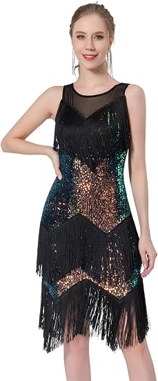 Women's Salsa Latin Dance Dress Glitter Sequin Fringe Flapper Party Ballroom Outfit
