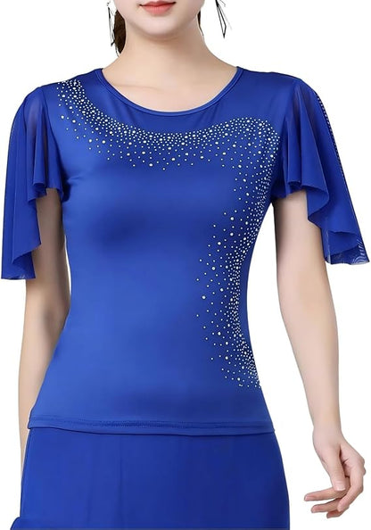 Women's Latin Dance Costume with Rhinestone Flared Sleeves, Stage Performance Ballroom Dancing Tops