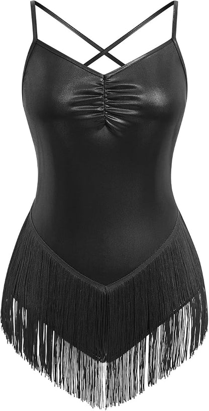 Glitter Metallic Fringe Bodysuit for Women Cross Back Leotard V Neck Tassel Romper Latin Jazz Dance Costume