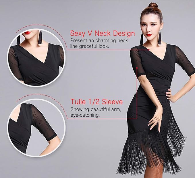 Women's Ballroom Dance Costume V Neck Pleated Long Fringed Tango Salsa Latin Dance Dress with Shorts