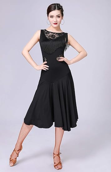 Ballroom Dance Dresses for Women Fringed Lace Back Salsa Latin Dance Dress with Shorts (5 Colors)