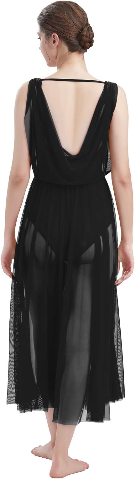 Women Lyrical Modern Contemporary Dance Costume Leotard V-Neck Backless Split Tulle Skirt Flowy Overlay Dress