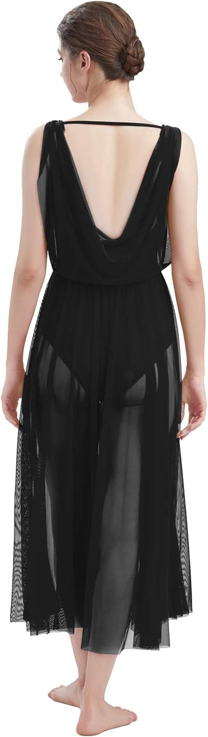 Women Lyrical Modern Contemporary Dance Costume Leotard V-Neck Backless Split Tulle Skirt Flowy Overlay Dress