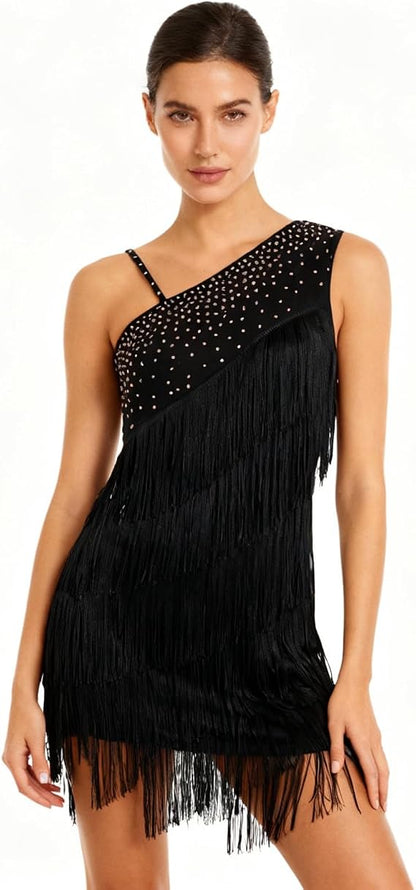 Asymmetric One Shoulder Latin Dance Dress for Women Rhinestones Fringe Dress 1920s Tassel Flapper Ballroom Dancewear