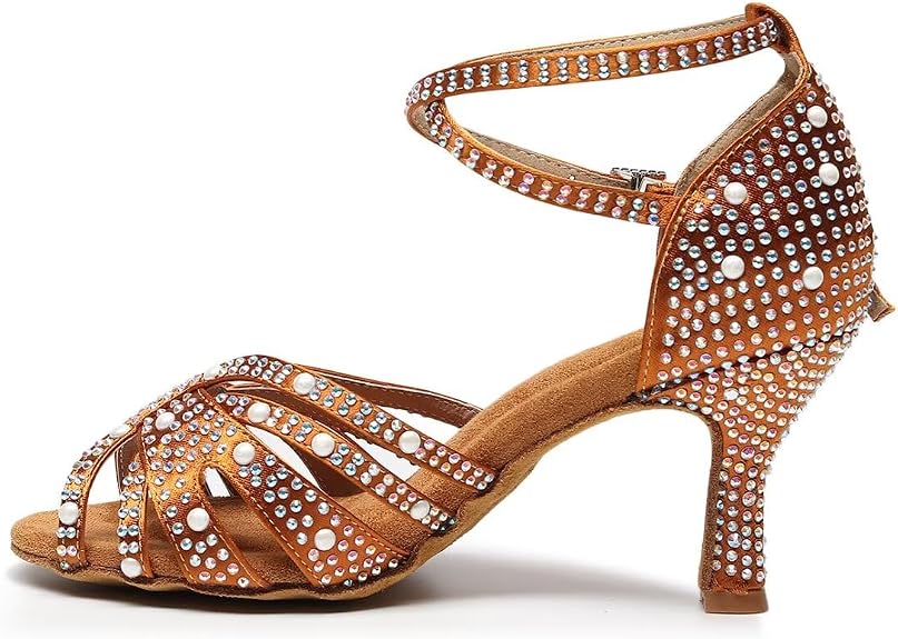 Women's Rhinestone Latin Dance Shoes - Comfortable Satin Salsa Bachata Heels for Wedding Party Performance & Practice (3'' Heel)
