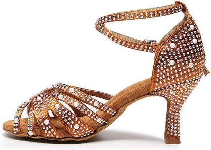 Women's Rhinestone Latin Dance Shoes - Comfortable Satin Salsa Bachata Heels for Wedding Party Performance & Practice (3'' Heel)