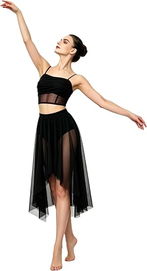 Women Lyrical Dance Costume, 2-Piece Dance Dress | Cami Top and Irregular Hem Mesh Skirt, Lightweight, for Lyrical Contemporary Ballet