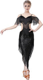 Sequin Fringe Latin Dance Dress, Mesh & Glitter Salsa Dresses for Women, Shimmery Party Skirts
